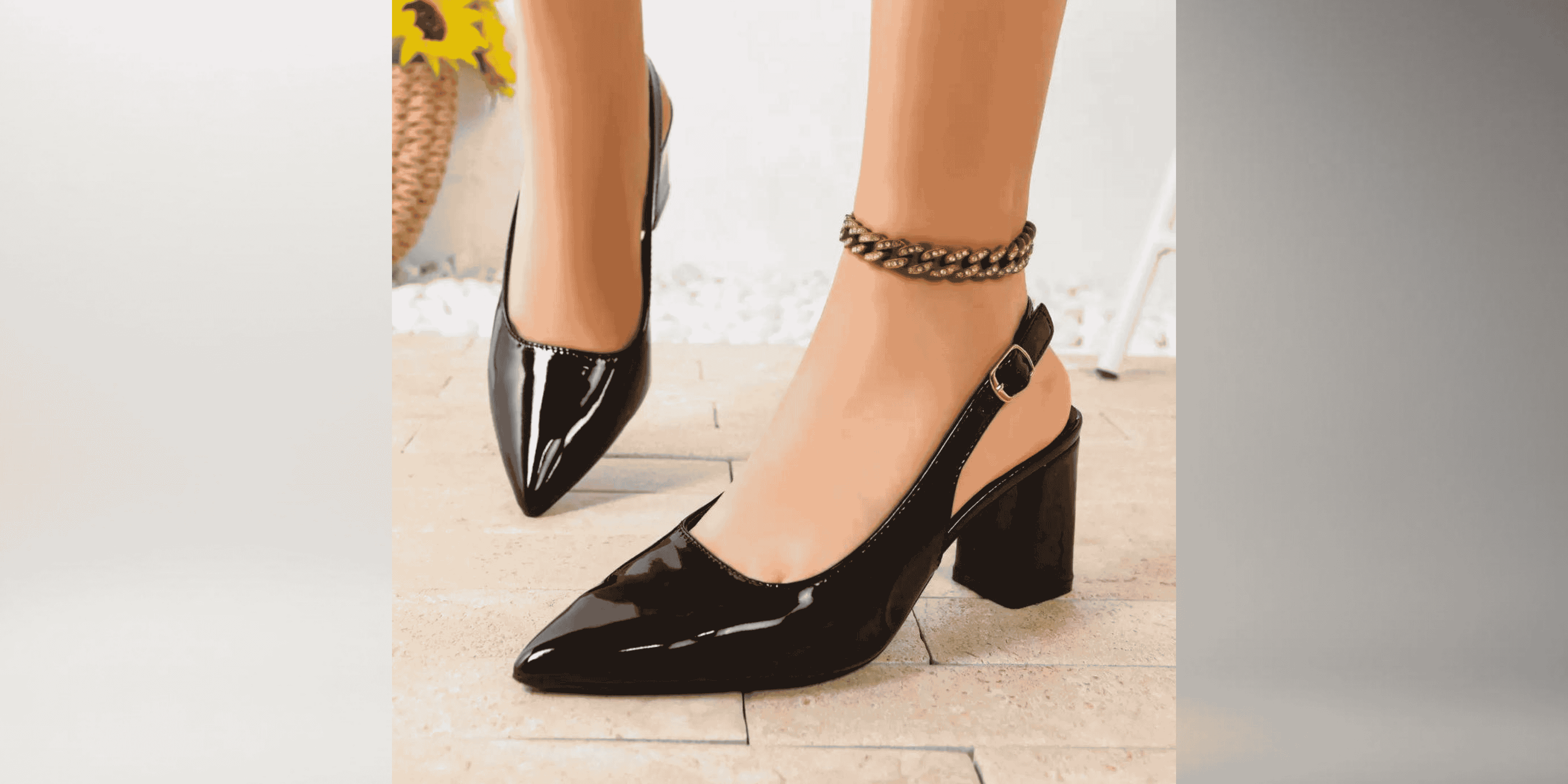 Black pointed-toe slingback block heels